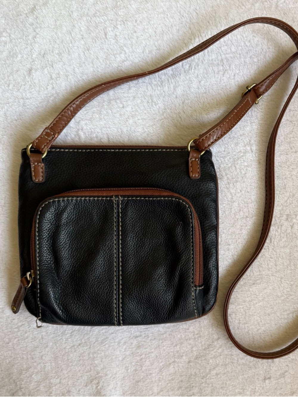 Tignanello Leather Crossbody Bag Black Brown Trim Multi Pocket Y2K
